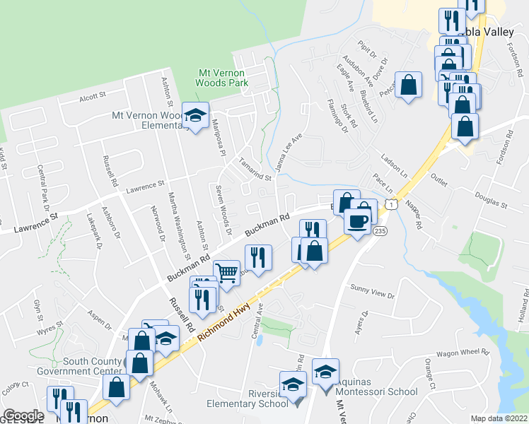 map of restaurants, bars, coffee shops, grocery stores, and more near 3891 El Camino Place in Alexandria
