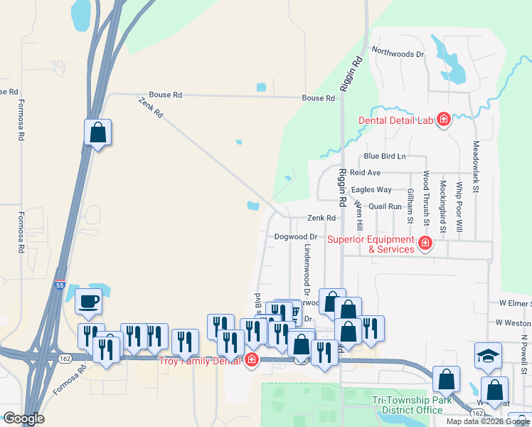 map of restaurants, bars, coffee shops, grocery stores, and more near 518A Bargraves Boulevard in Troy