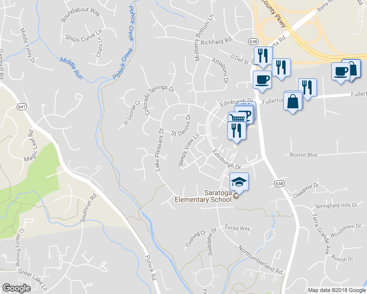 map of restaurants, bars, coffee shops, grocery stores, and more near 8038 Sleepy View Lane in Springfield