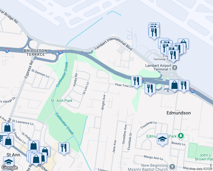 map of restaurants, bars, coffee shops, grocery stores, and more near 10864 Crestshire Lane in Saint Ann