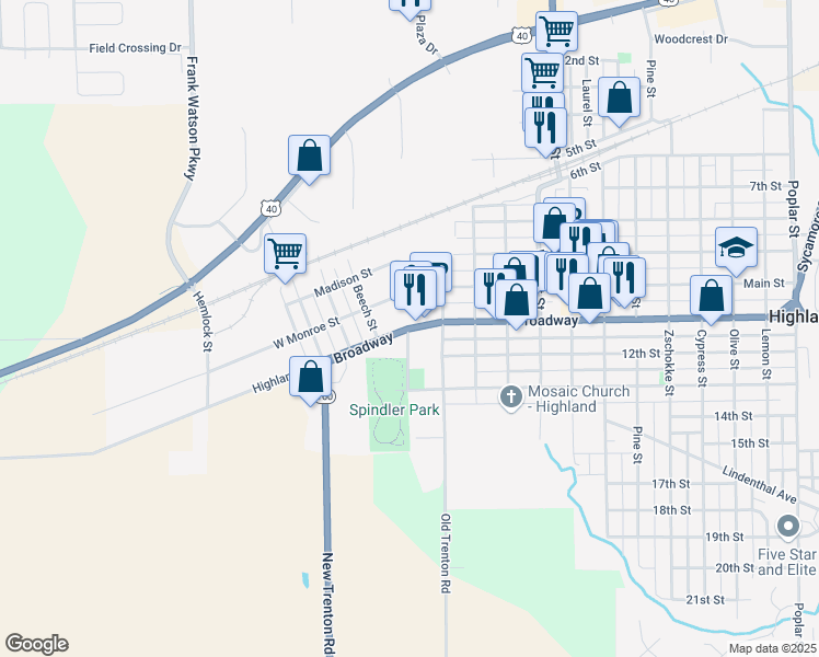 map of restaurants, bars, coffee shops, grocery stores, and more near 400 Broadway in Highland