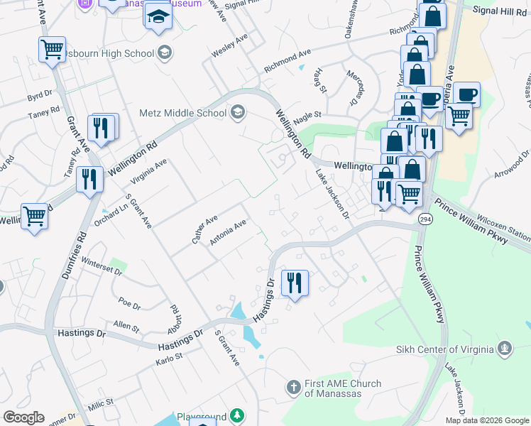 map of restaurants, bars, coffee shops, grocery stores, and more near 10158 Forest Hill Circle in Manassas