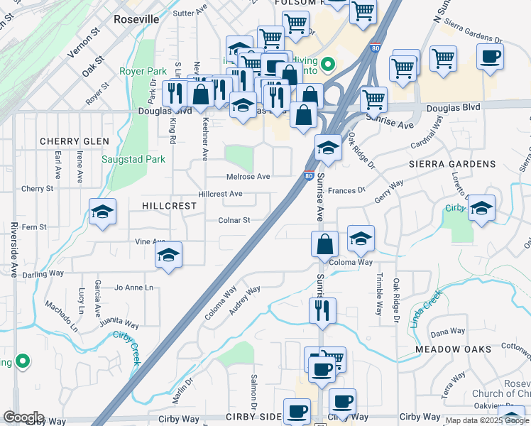 map of restaurants, bars, coffee shops, grocery stores, and more near 410 Lemar Drive in Roseville