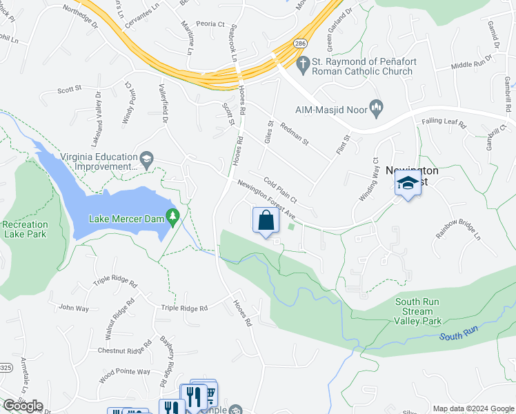 map of restaurants, bars, coffee shops, grocery stores, and more near 8021 Steeple Chase Court in Springfield