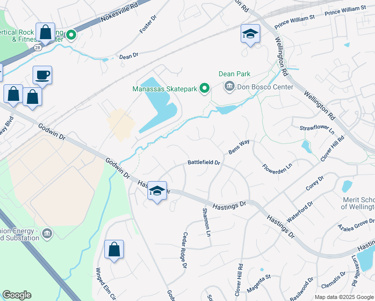 map of restaurants, bars, coffee shops, grocery stores, and more near 9521 Sandy Court in Manassas