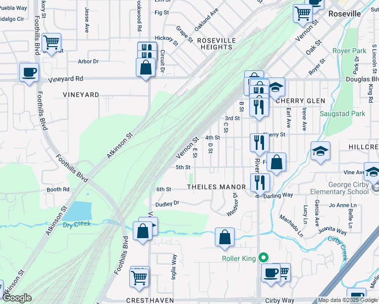 map of restaurants, bars, coffee shops, grocery stores, and more near 120 E St in Roseville