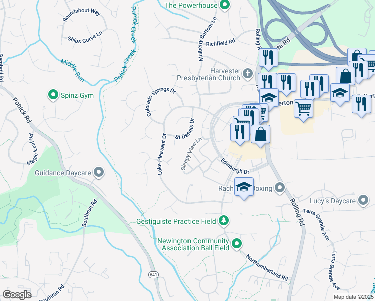 map of restaurants, bars, coffee shops, grocery stores, and more near 8038 Sleepy View Lane in Springfield