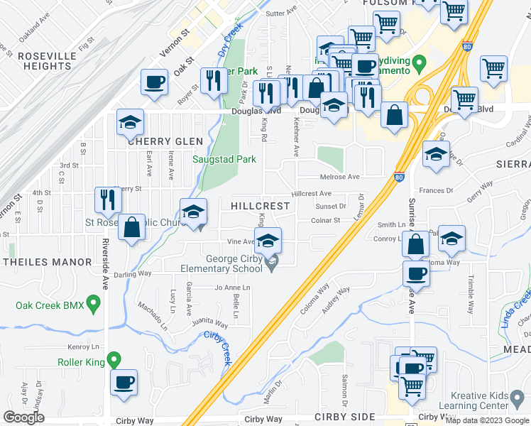 map of restaurants, bars, coffee shops, grocery stores, and more near 411 King Road in Roseville