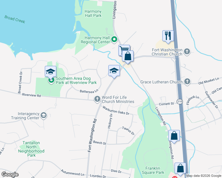 map of restaurants, bars, coffee shops, grocery stores, and more near 11410 Fort Washington Road in Fort Washington