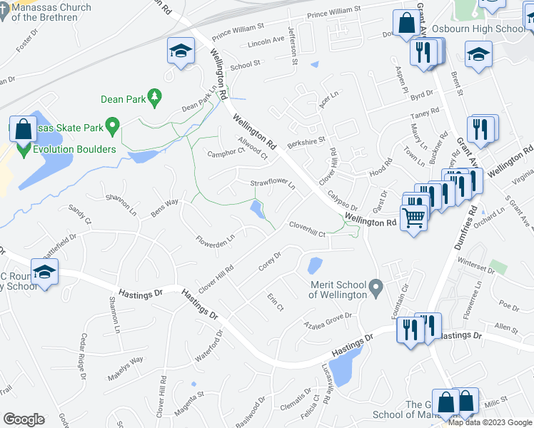map of restaurants, bars, coffee shops, grocery stores, and more near 9396 Cloudberry Way in Manassas