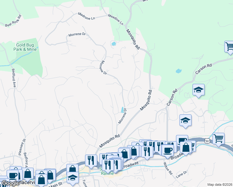 map of restaurants, bars, coffee shops, grocery stores, and more near 2741 Hawks Landing Court in Placerville