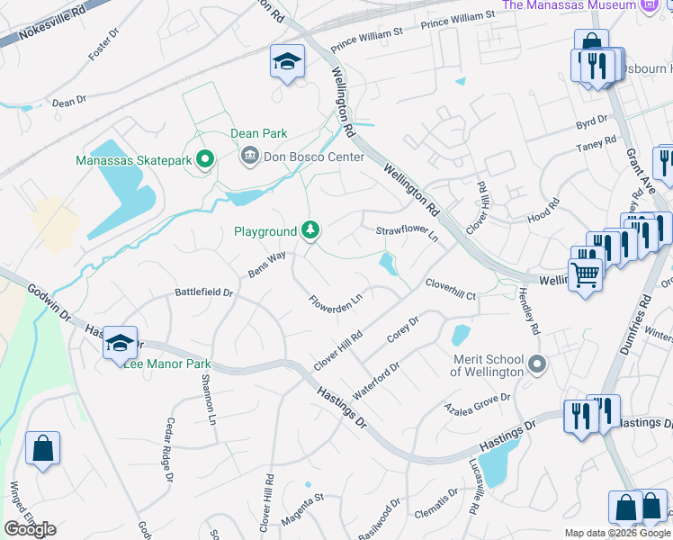 map of restaurants, bars, coffee shops, grocery stores, and more near 10200 Daylily Court in Manassas