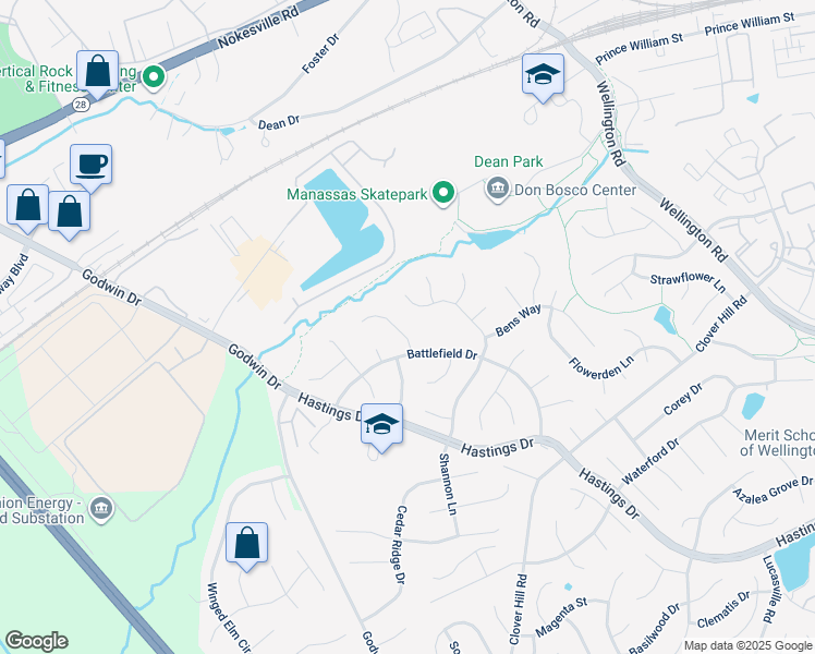 map of restaurants, bars, coffee shops, grocery stores, and more near 9521 Sandy Court in Manassas