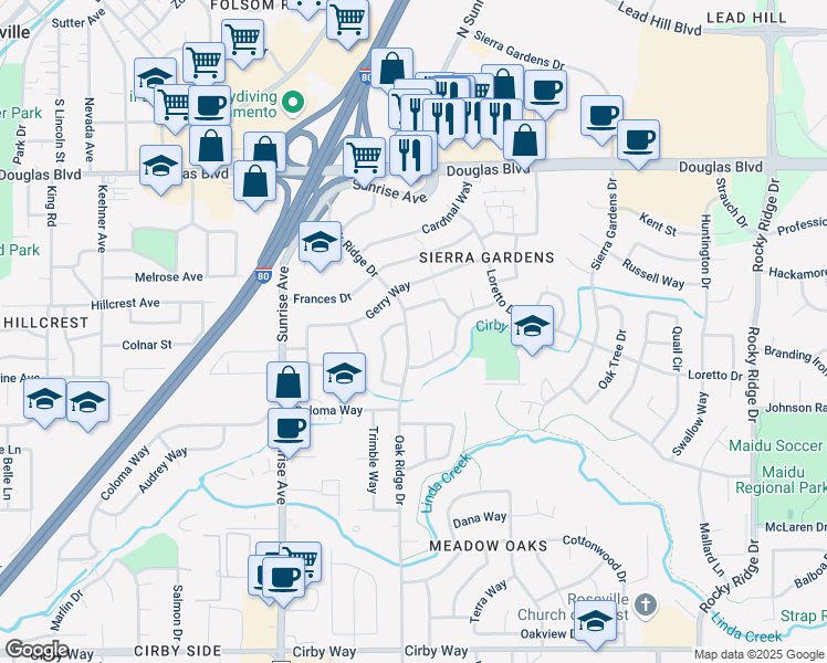 map of restaurants, bars, coffee shops, grocery stores, and more near 604 Oak Ridge Drive in Roseville
