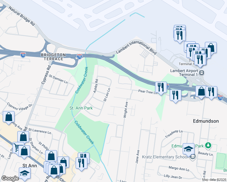 map of restaurants, bars, coffee shops, grocery stores, and more near 10900 Pear Tree Lane in Saint Ann