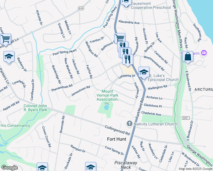 map of restaurants, bars, coffee shops, grocery stores, and more near 1606 Lafayette Drive in Alexandria