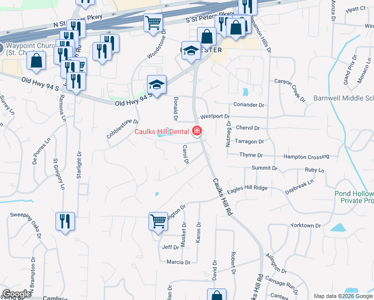 map of restaurants, bars, coffee shops, grocery stores, and more near 1318 Carol Drive in St. Charles