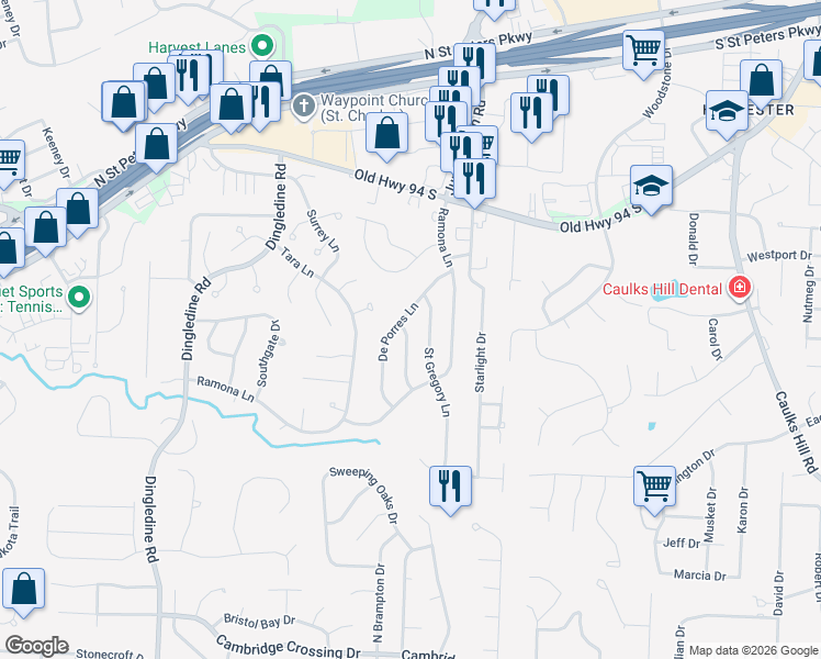 map of restaurants, bars, coffee shops, grocery stores, and more near 1420 Saint Theresa Lane in Saint Charles