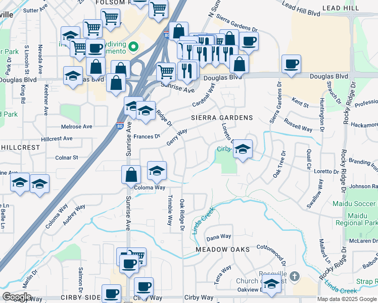 map of restaurants, bars, coffee shops, grocery stores, and more near 604 Oak Ridge Drive in Roseville