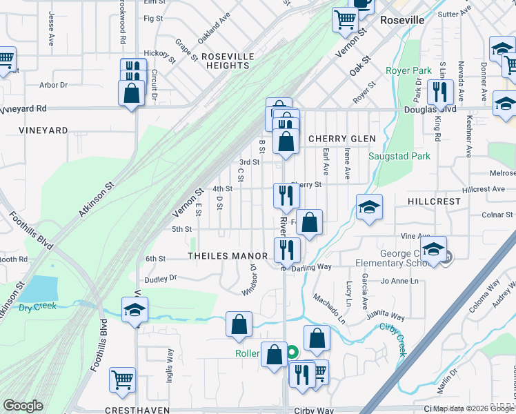 map of restaurants, bars, coffee shops, grocery stores, and more near 329 B Street in Roseville