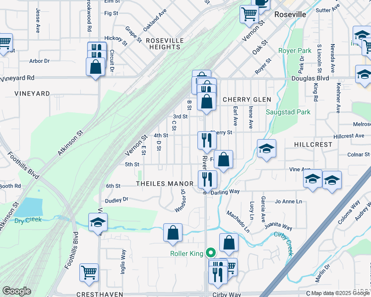 map of restaurants, bars, coffee shops, grocery stores, and more near 319 C Street in Roseville