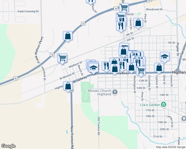 map of restaurants, bars, coffee shops, grocery stores, and more near 404 Broadway in Highland