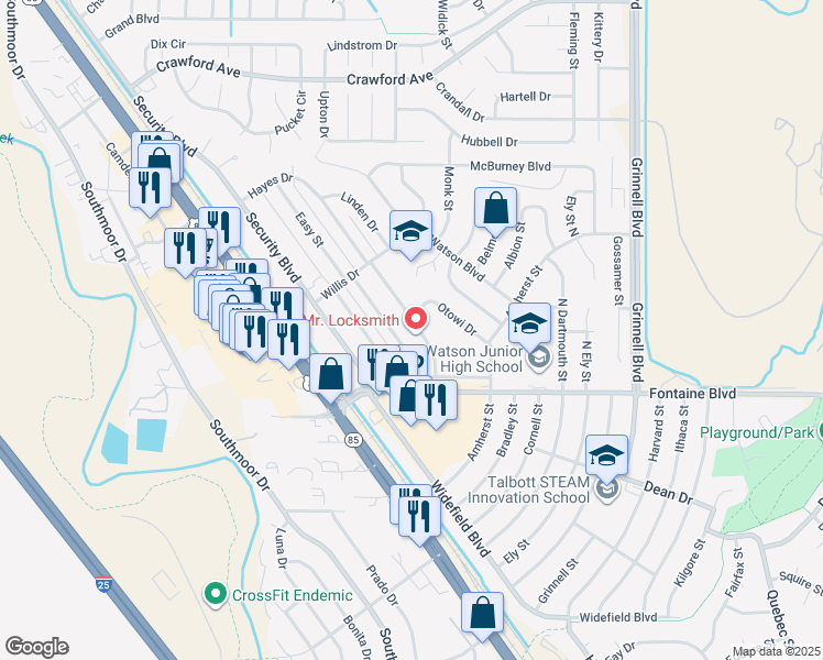 map of restaurants, bars, coffee shops, grocery stores, and more near 38 Hayes Drive in Colorado Springs