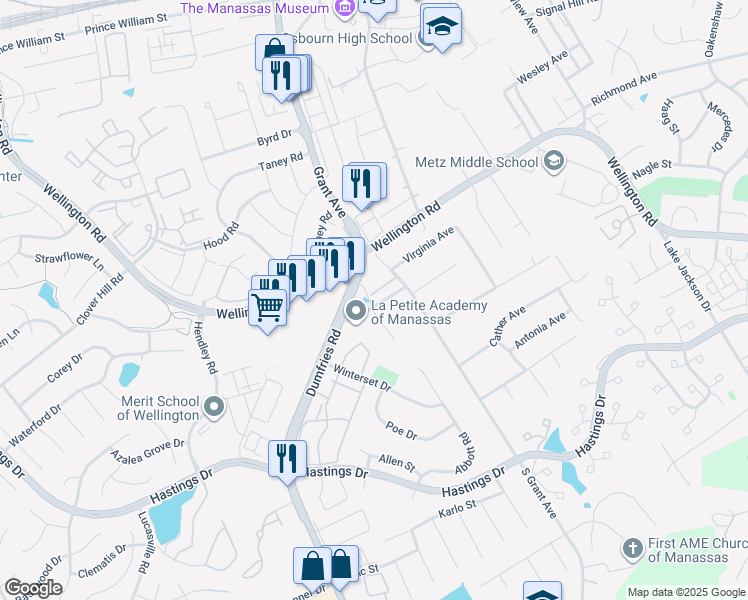 map of restaurants, bars, coffee shops, grocery stores, and more near 8890 Orchard Lane in Manassas