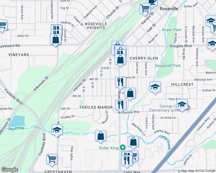 map of restaurants, bars, coffee shops, grocery stores, and more near 320 B Street in Roseville