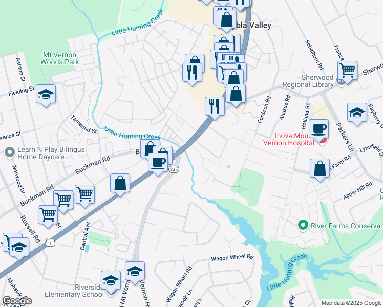 map of restaurants, bars, coffee shops, grocery stores, and more near 8015 Richmond Highway in Alexandria
