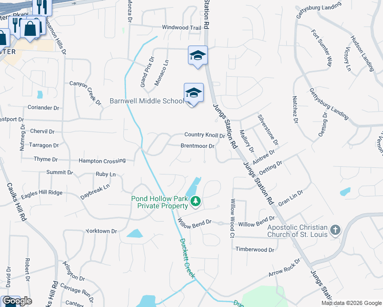 map of restaurants, bars, coffee shops, grocery stores, and more near 136 Country Brook Court in Saint Charles