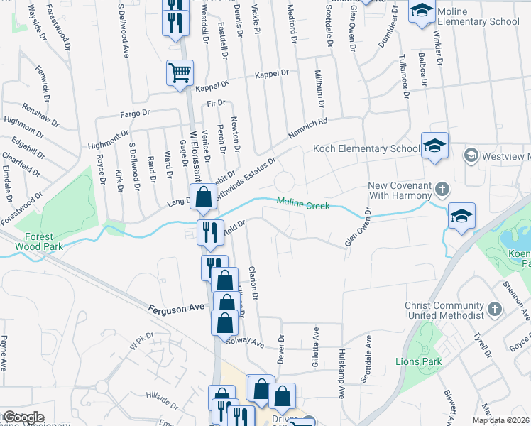 map of restaurants, bars, coffee shops, grocery stores, and more near 2973 Canfield Drive in St. Louis