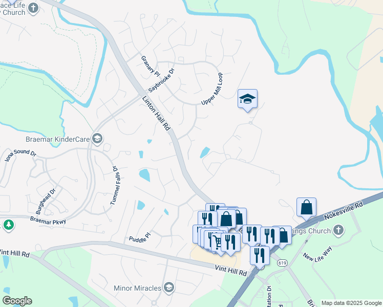 map of restaurants, bars, coffee shops, grocery stores, and more near 9863 Rainleaf Court in Bristow