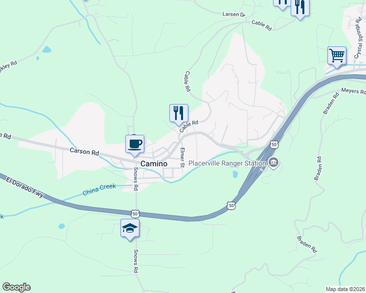 map of restaurants, bars, coffee shops, grocery stores, and more near 2893 Elmer Street in Camino