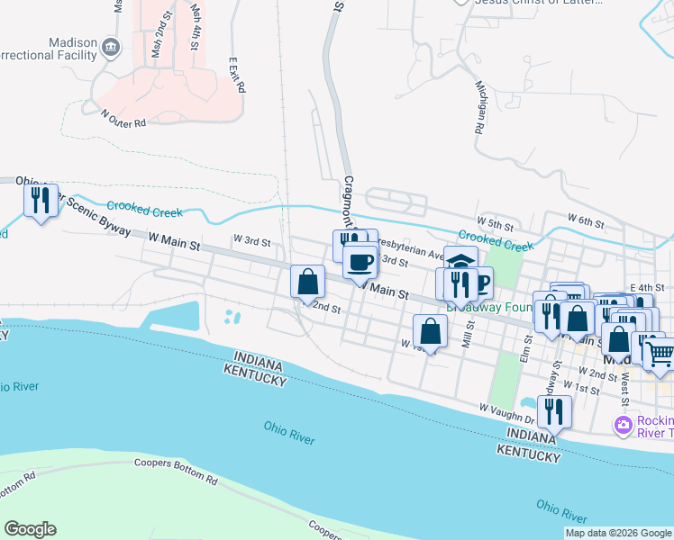 map of restaurants, bars, coffee shops, grocery stores, and more near 910 Ohio River Scenic Byway in Madison