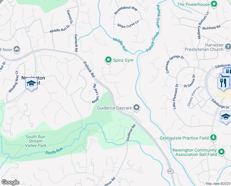 map of restaurants, bars, coffee shops, grocery stores, and more near 8223 Running Creek Court in Springfield