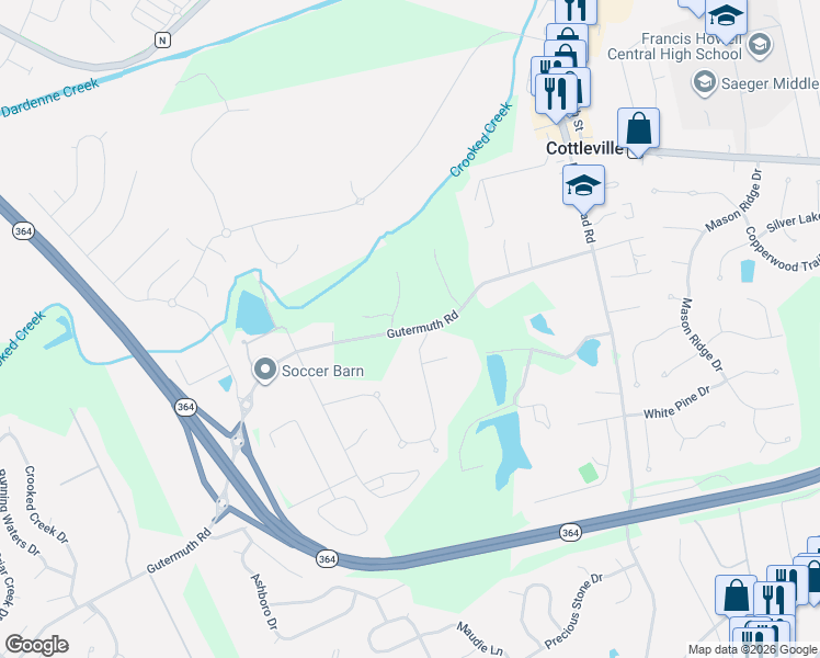 map of restaurants, bars, coffee shops, grocery stores, and more near 101 Shortleaf Pine Drive in Cottleville