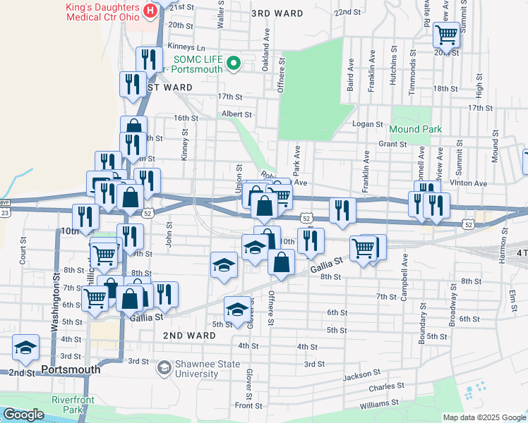 map of restaurants, bars, coffee shops, grocery stores, and more near 1413 11th Street in Portsmouth