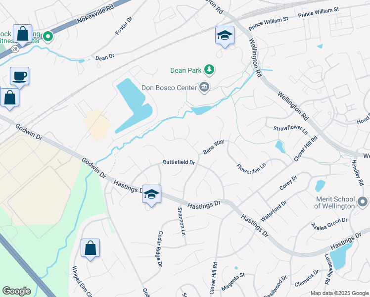 map of restaurants, bars, coffee shops, grocery stores, and more near 9618 Shannon Lane in Manassas
