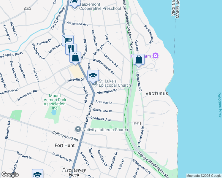 map of restaurants, bars, coffee shops, grocery stores, and more near 8127 Wellington Road in Alexandria