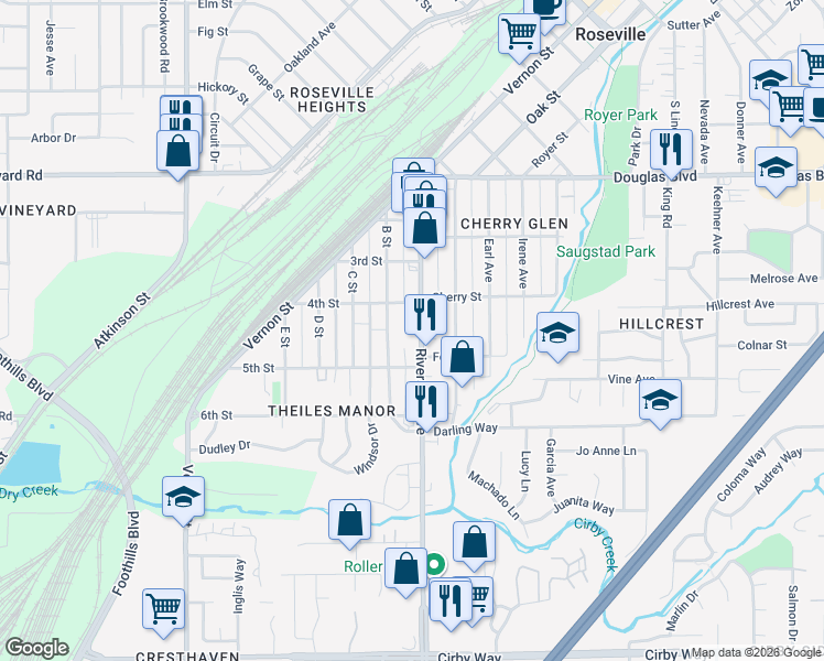 map of restaurants, bars, coffee shops, grocery stores, and more near 329 B Street in Roseville