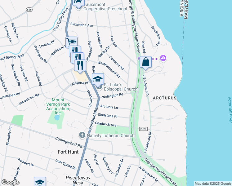 map of restaurants, bars, coffee shops, grocery stores, and more near 8127 Wellington Road in Alexandria