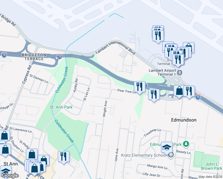 map of restaurants, bars, coffee shops, grocery stores, and more near Pear Tree Dr & Country Ln in St Ann