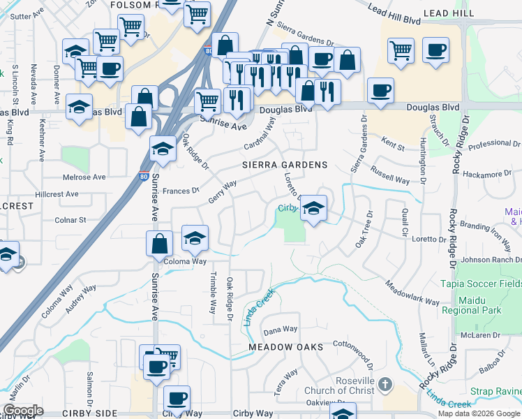 map of restaurants, bars, coffee shops, grocery stores, and more near 607 Gregory Court in Roseville