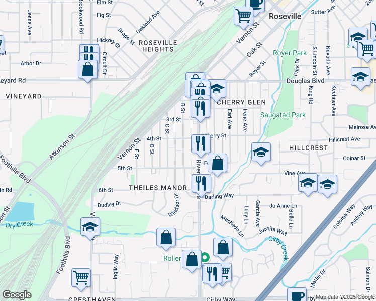 map of restaurants, bars, coffee shops, grocery stores, and more near 329 B Street in Roseville