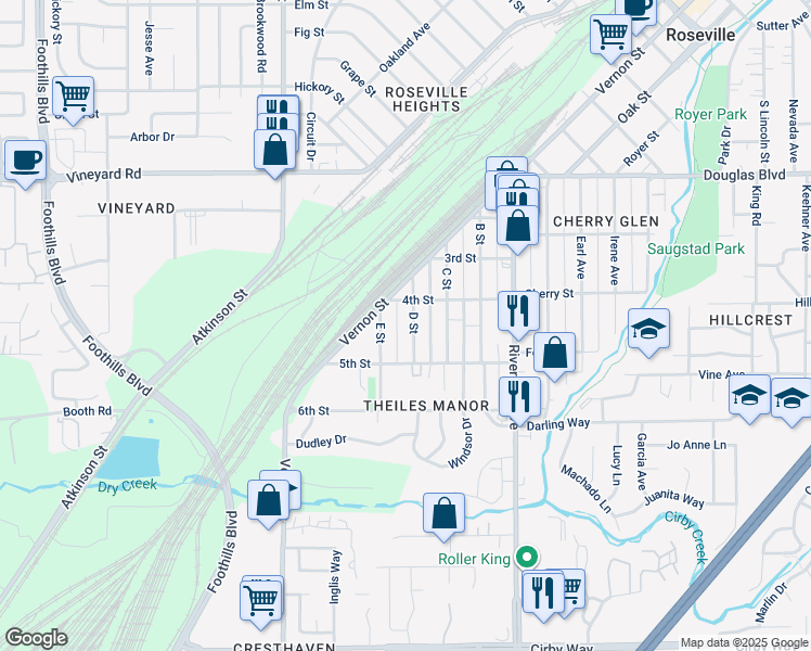 map of restaurants, bars, coffee shops, grocery stores, and more near 221 D Street in Roseville
