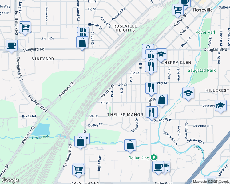 map of restaurants, bars, coffee shops, grocery stores, and more near 120 E Street in Roseville