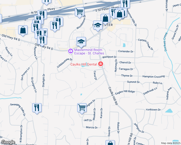 map of restaurants, bars, coffee shops, grocery stores, and more near 1 Katie Brook Court in Saint Charles