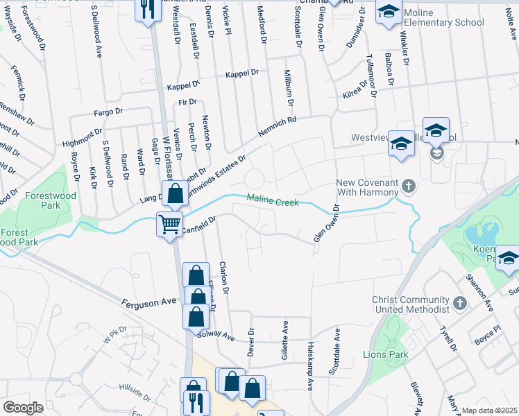 map of restaurants, bars, coffee shops, grocery stores, and more near 12437 Coppercreek Court in St. Louis