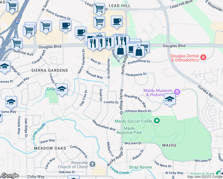 map of restaurants, bars, coffee shops, grocery stores, and more near 603 Falcon Way in Roseville